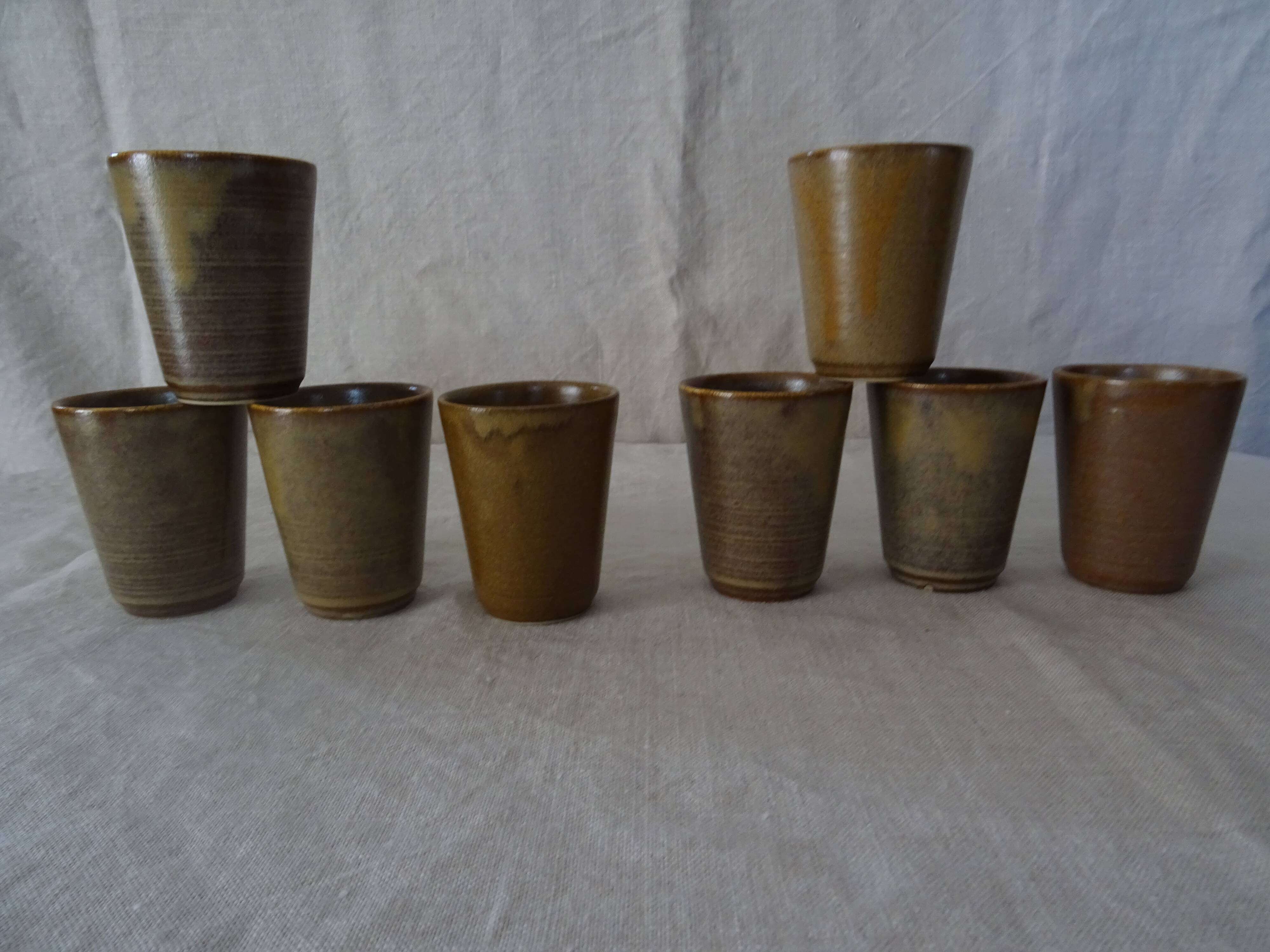 Lot 8 glasses sandstone cups stamped Digoin mug vintage cup