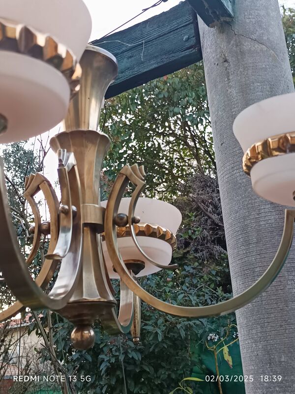 lustre art déco 4 feux bronze et opaline