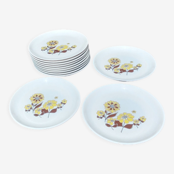 Set of 12 Vintage dessert plates of the brand Sovirel decoration flowers 70s