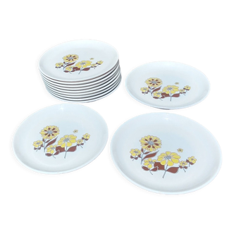 Lot de 12 assiettes à dessert vintage de la marque Sovirel décor fleurs années 70