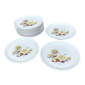Set of 12 Vintage dessert plates of the brand Sovirel decoration flowers 70s
