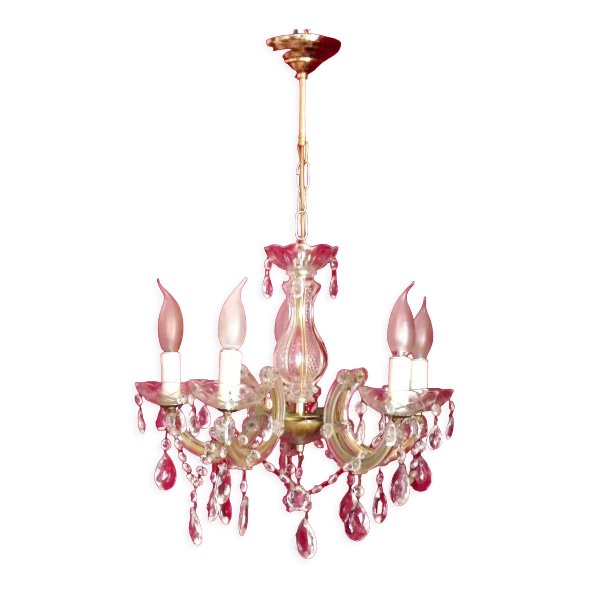 Vintage french metal crystal and glass 5 arm paris chic style chandelier 4228