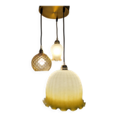 Suspension triple opaline verres ciselé et dépoli tons jaune orangé 