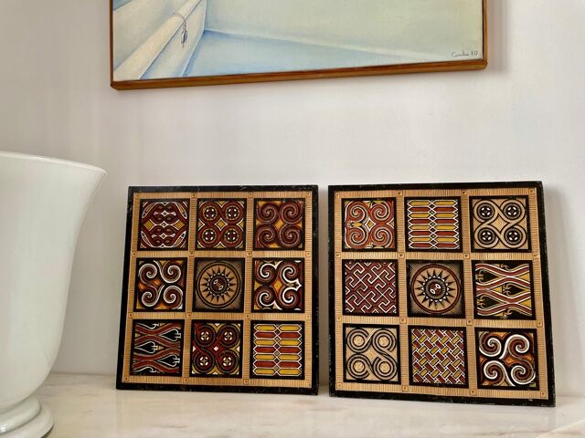 Duo of panels Imigongo carved wood Rwanda 1970
