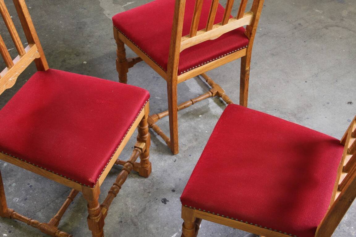 Vintage 1940s/50s solid oak Danish farmhouse chairs, Baroque style set of 4