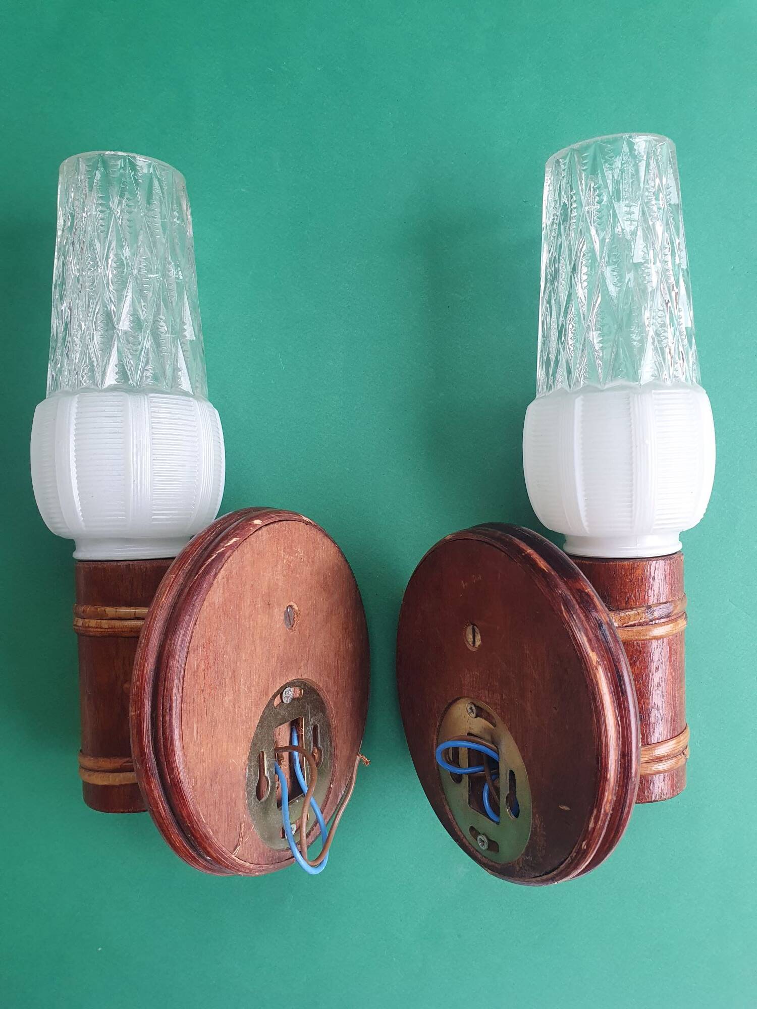 Pair of vintage rattan bamboo wall sconces