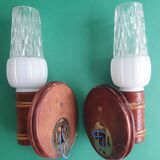 Pair of vintage rattan bamboo wall sconces