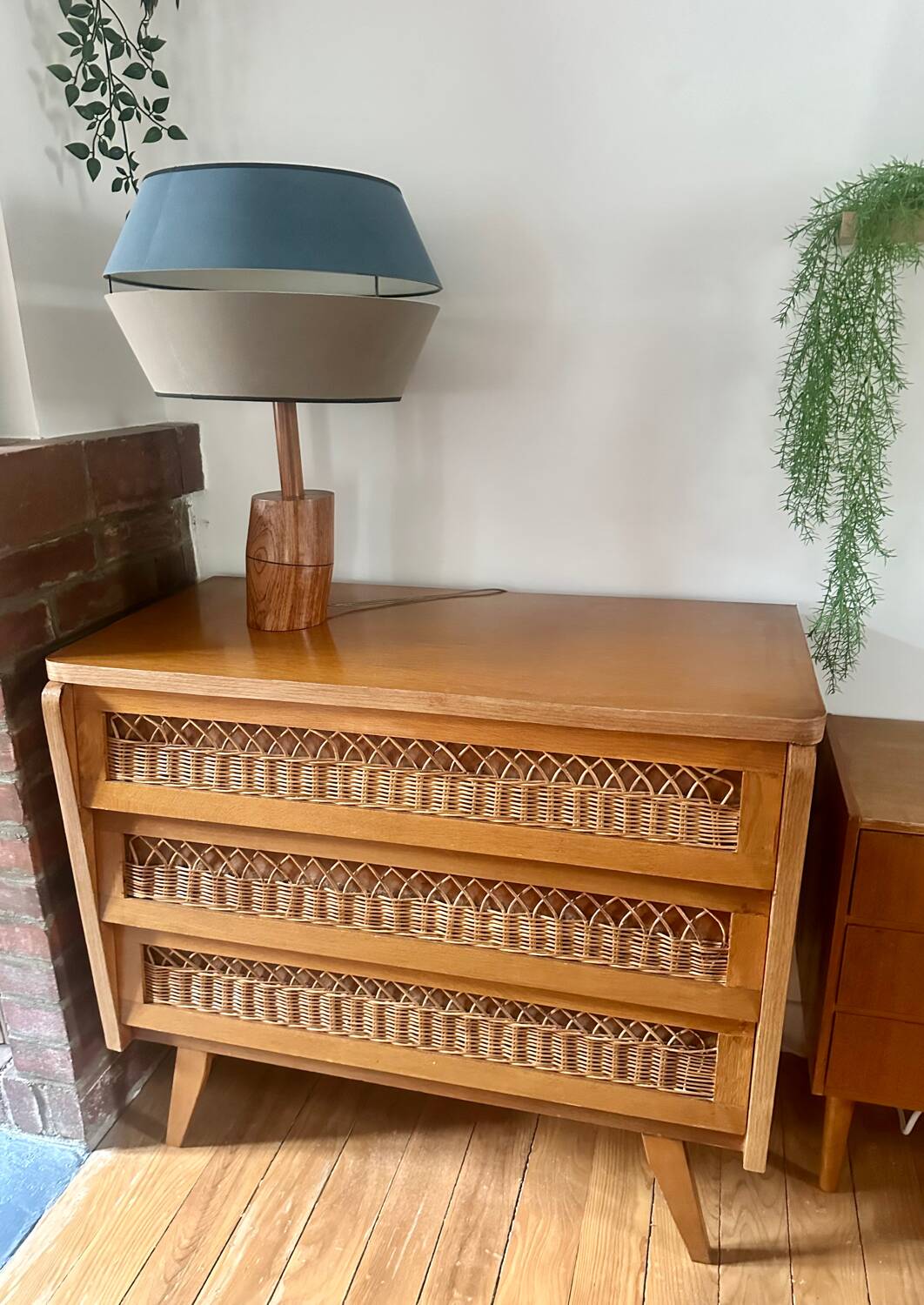 Vintage rattan and wood chest of drawers