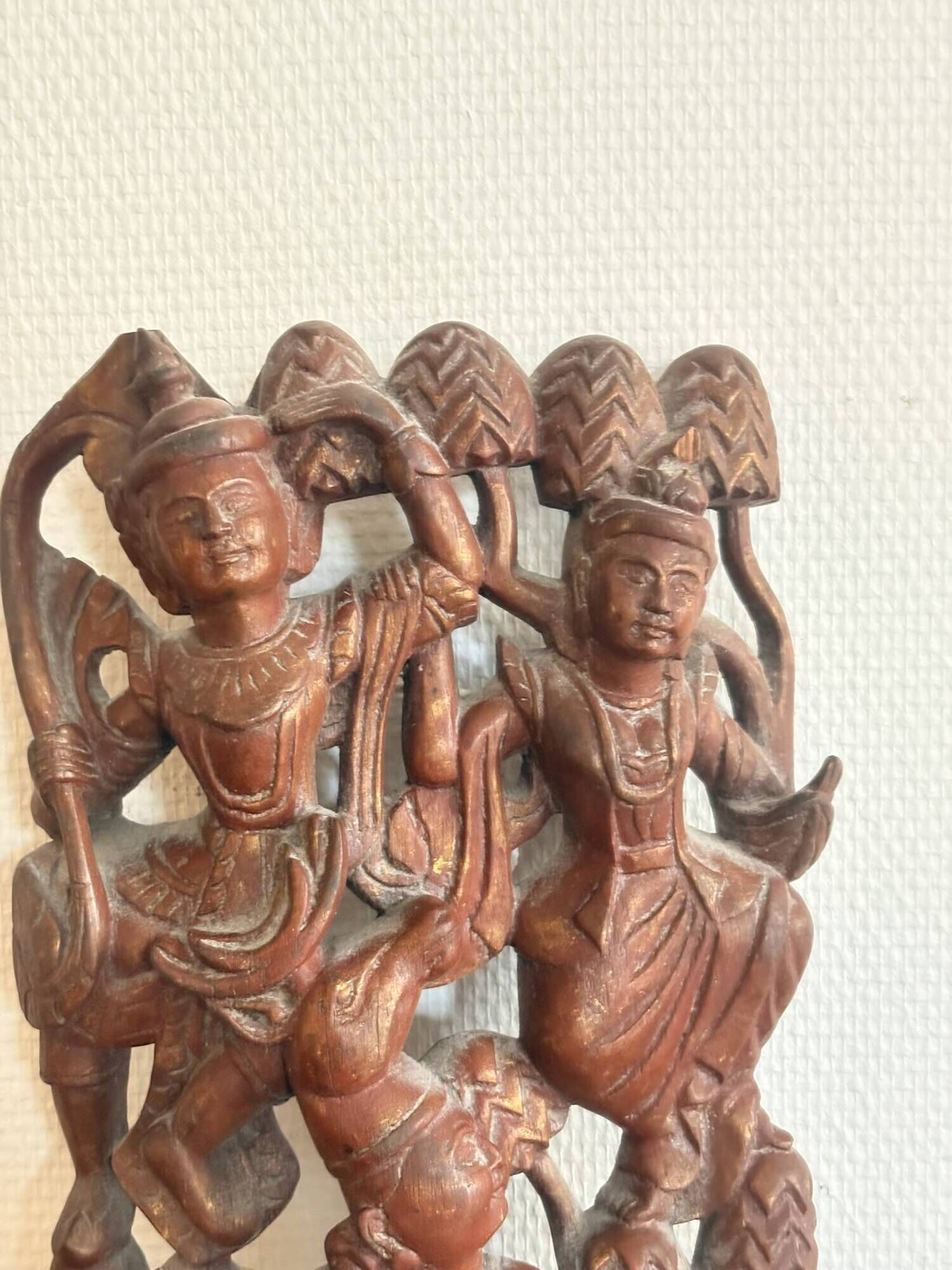Ancient Carved Wall Panel Deity Wood Thailand Burma Myanmar