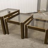 Set of 3 elm and smoked glass nesting tables 1970