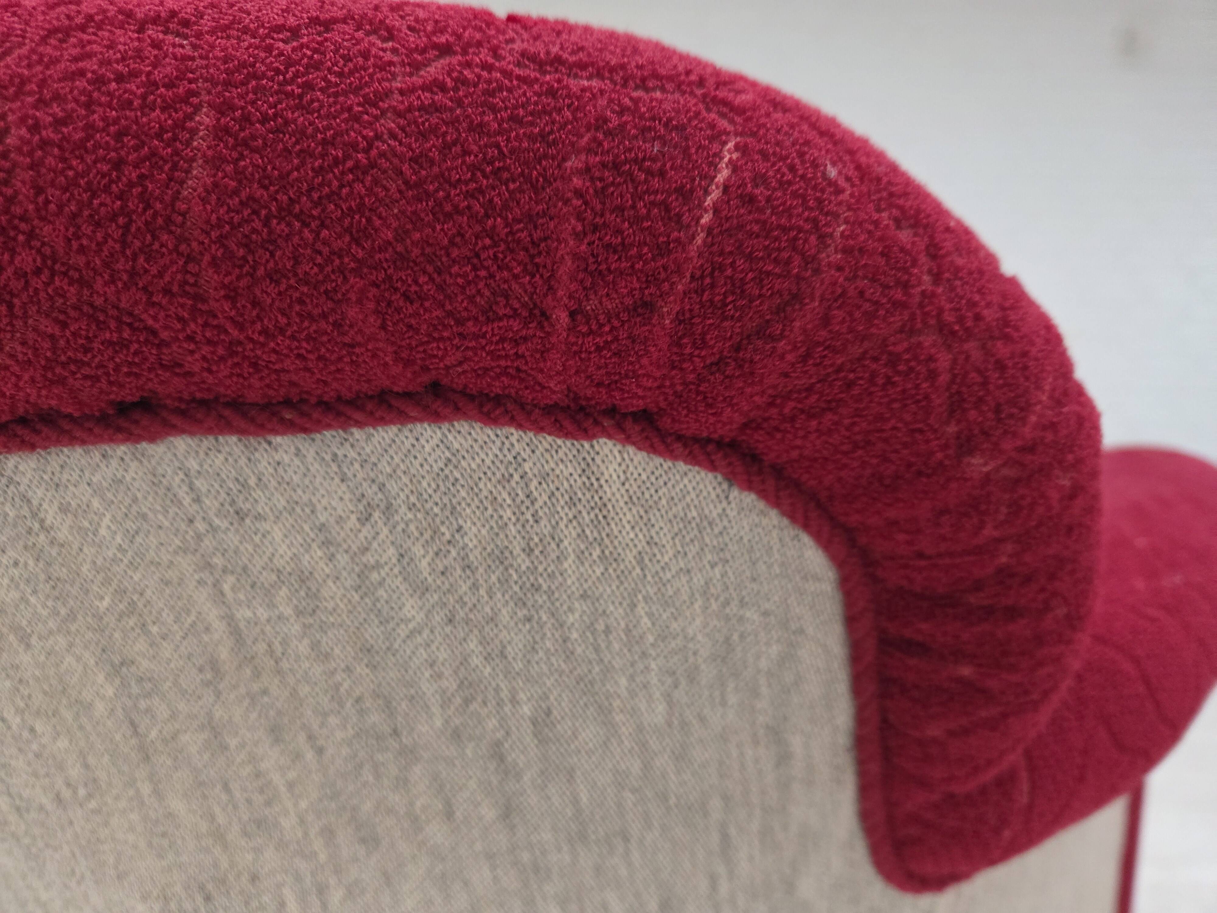 1950s, Danish armchair, red and light grey furniture wool, carved oak wood.