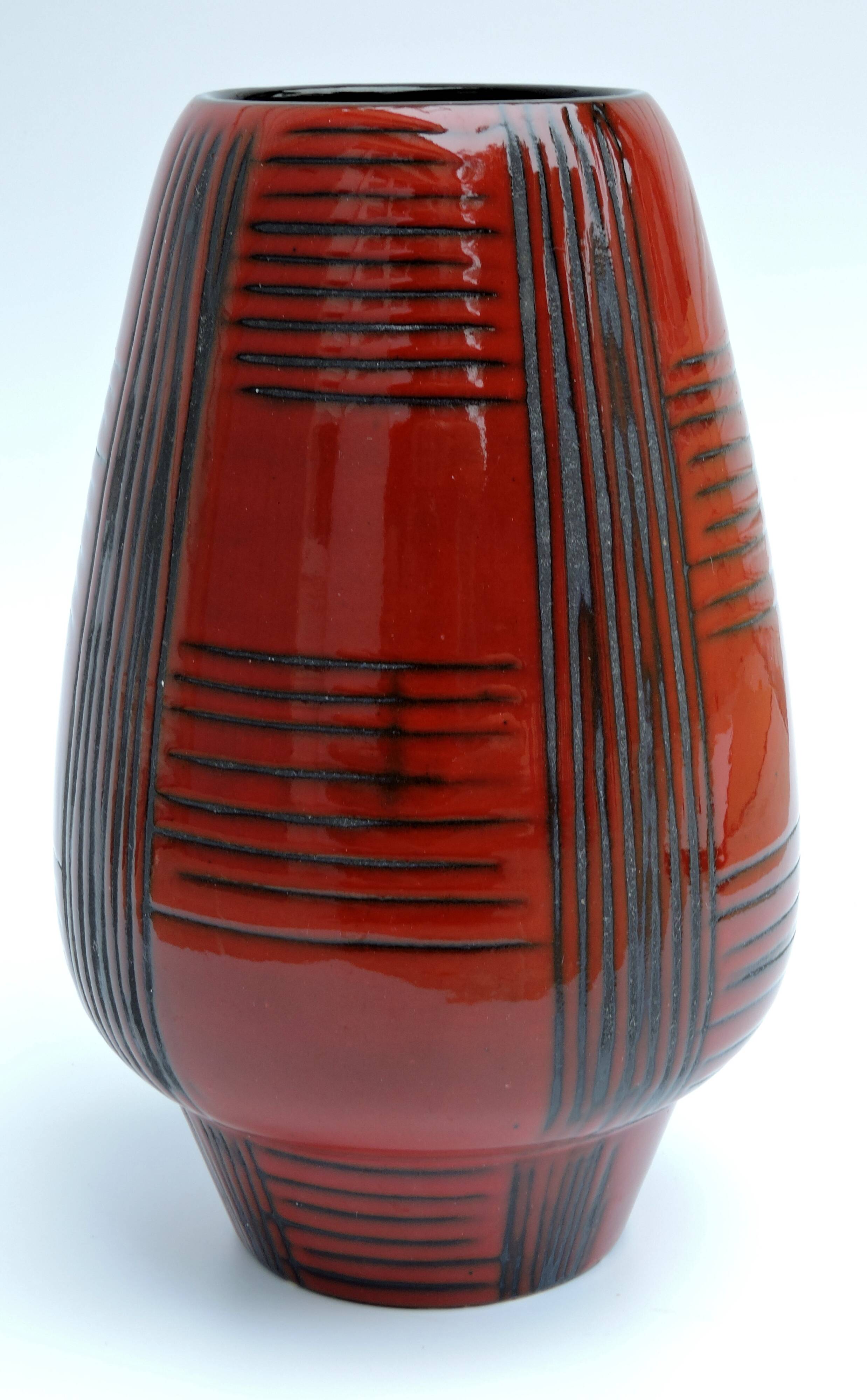 Vintage red ceramic vase scarified decoration elchinger 50' signed