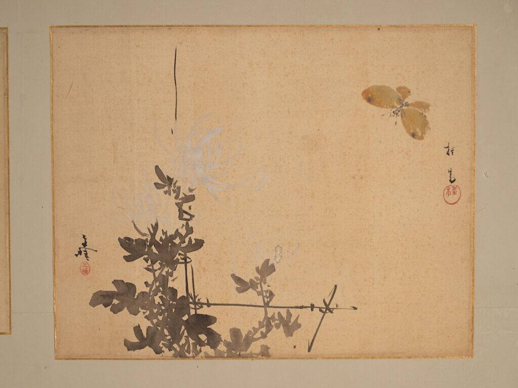 Antique Japanese folding screen with two panels featuring paintings – Japan, circa 1900