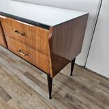 Mahogany burl chest of drawers with mirrored top