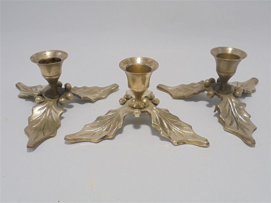 Trio of brass candle holders décor holly