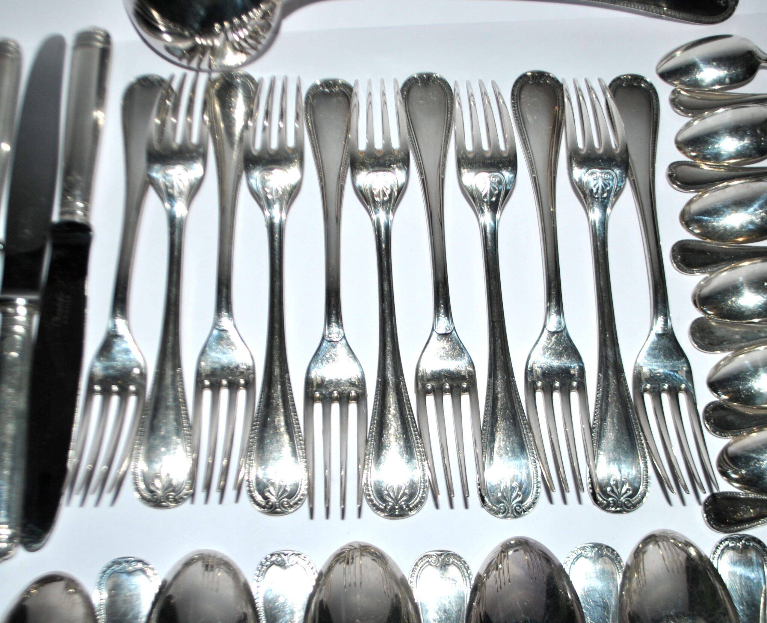 Christofle 68-piece silver-plated flatware set, Malmaison Empire table setting, with knives