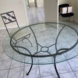 green table on wrought iron legs + 6 matching chairs