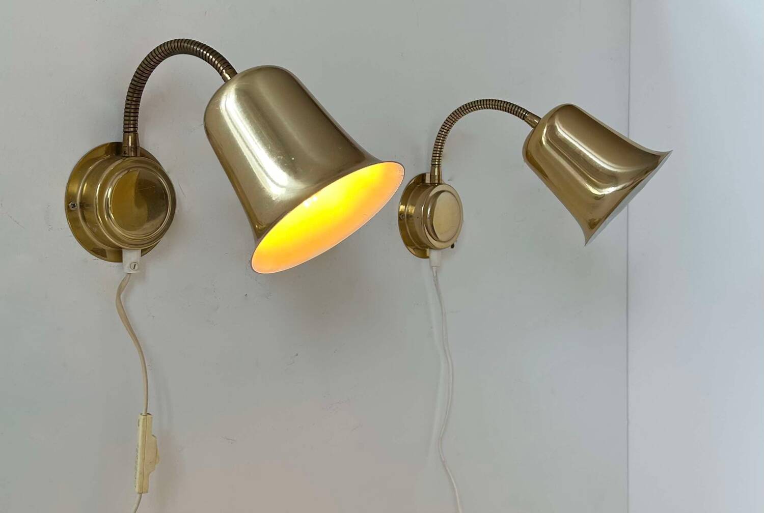 Pair of vintage adjustable wall lights, solid brass, Sweden 1960
