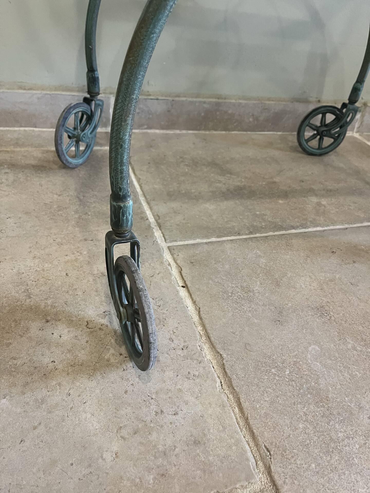 Patinated green-grey wrought iron dessert table