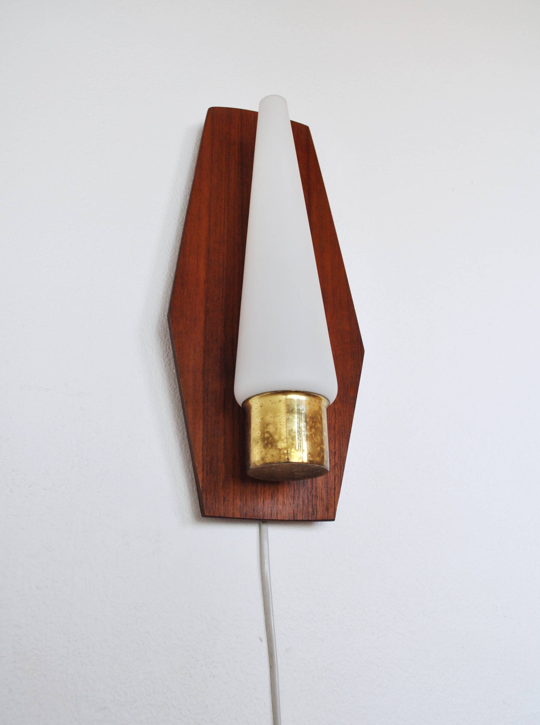 Scandinavian modern danish wall light in teak, brass and opaline glass, 1960s