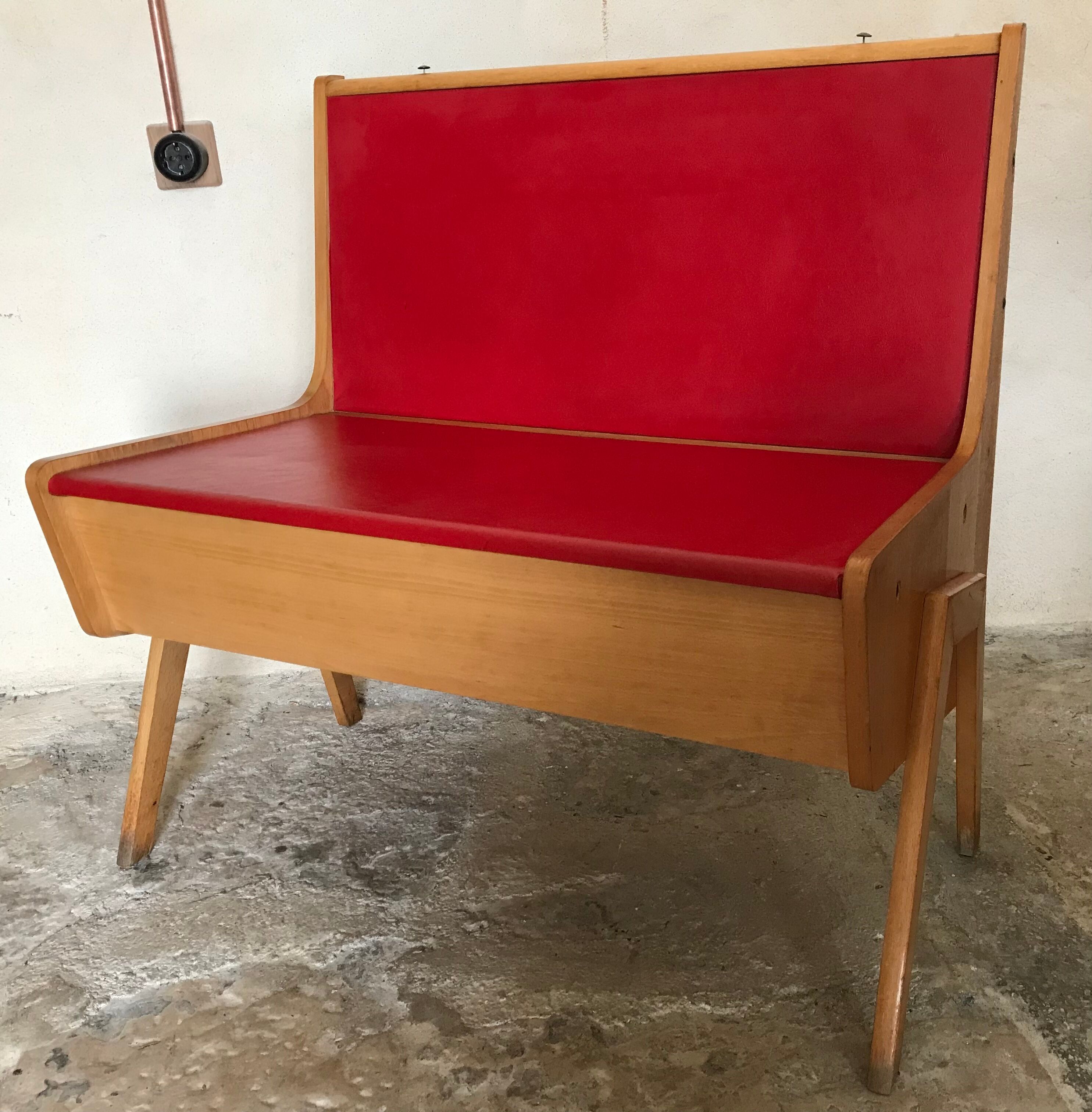 Bench bench-chest vintage 1960-1980's in blond beech and red skaï