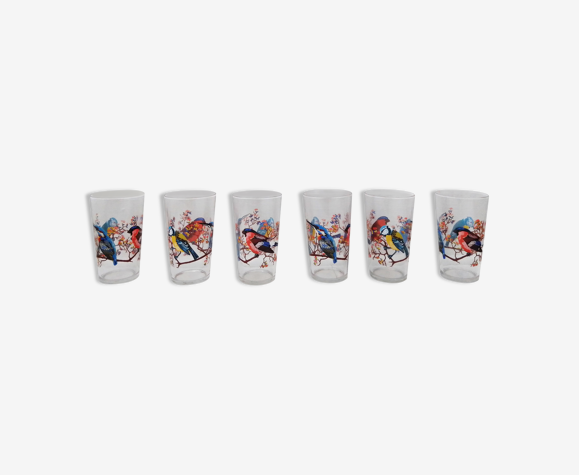 Lot de 6 verres à orangeade sériographiés "Oiseaux"