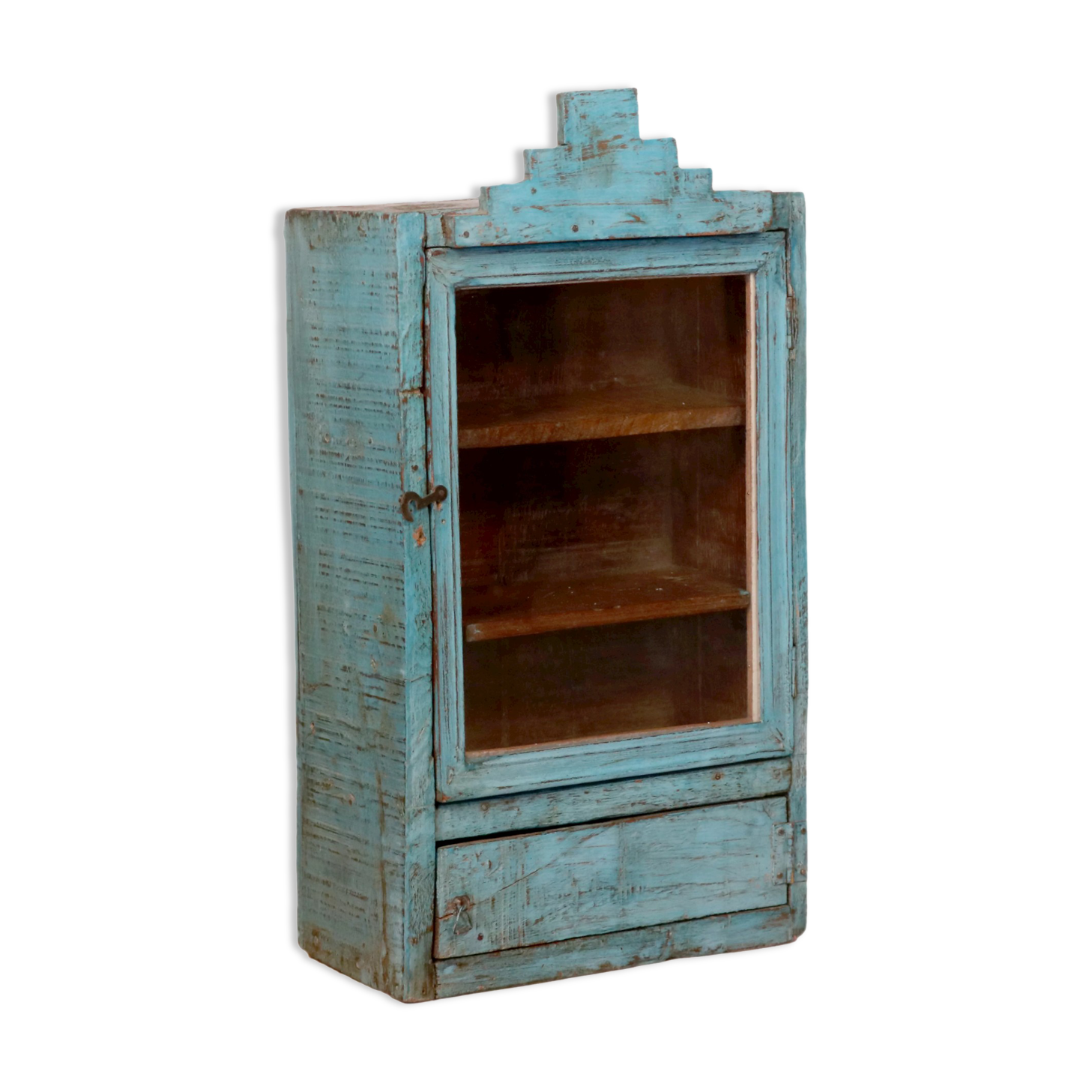 old Art Deco wall display case in original blue teak Burmese patina