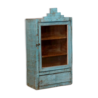 old Art Deco wall display case in original blue teak Burmese patina