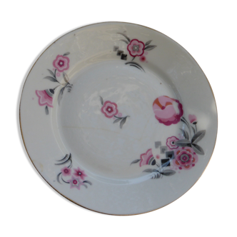 6 assiettes en porcelaine art deco, avec des fleurs roses et feuillage gris