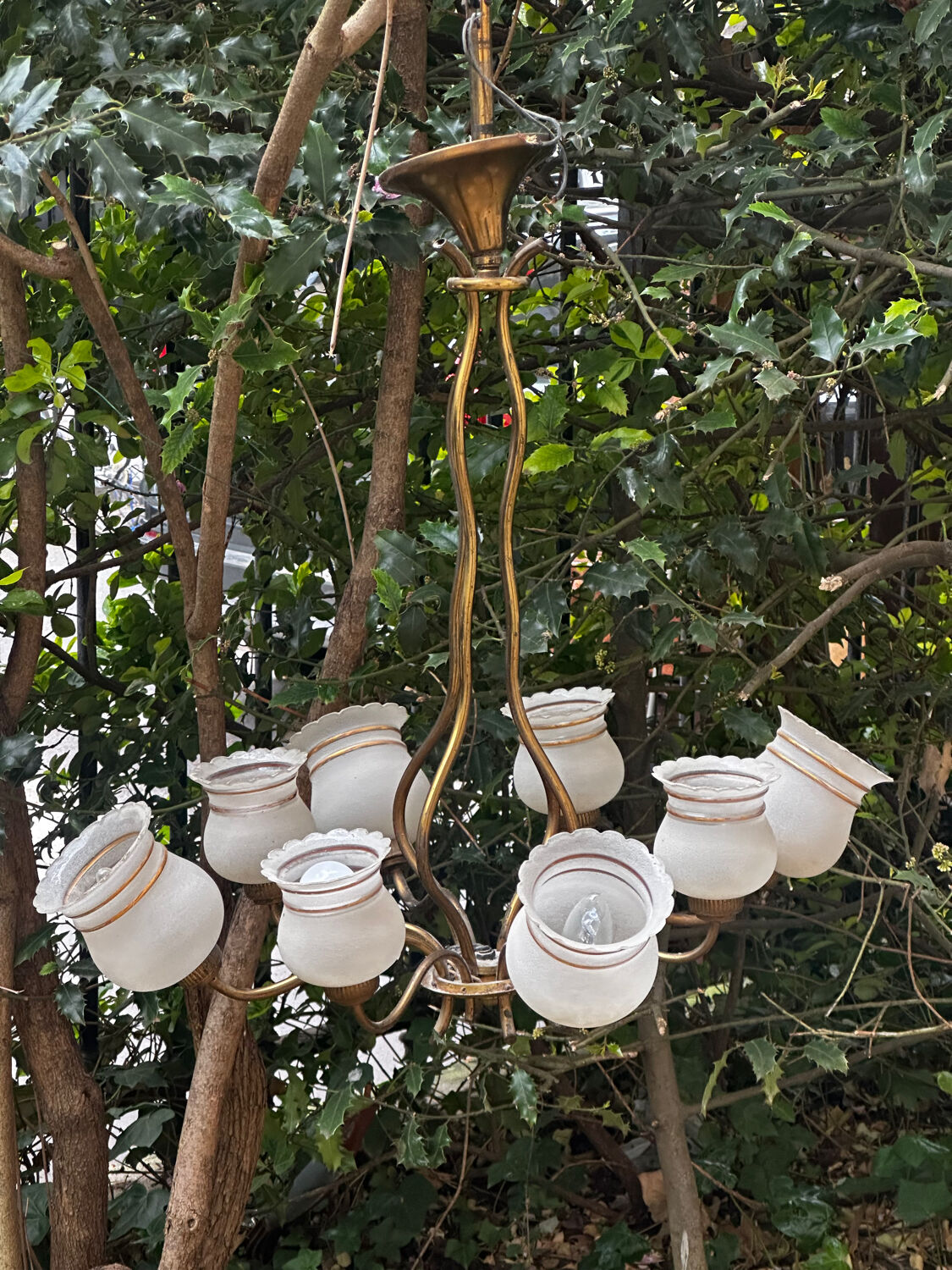Vintage Lustre Brass and Frosted Glass with White and Gold Large Grains 8 Lights