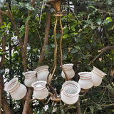 Vintage Lustre Brass and Frosted Glass with White and Gold Large Grains 8 Lights