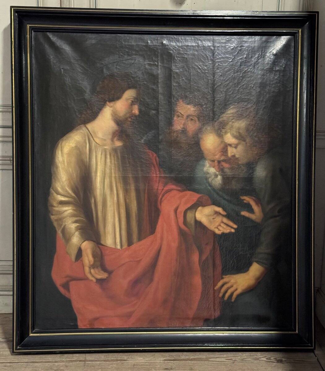 "The Incredulity of Saint Thomas" oil on canvas after the triptych by Rubens, circa 1800.