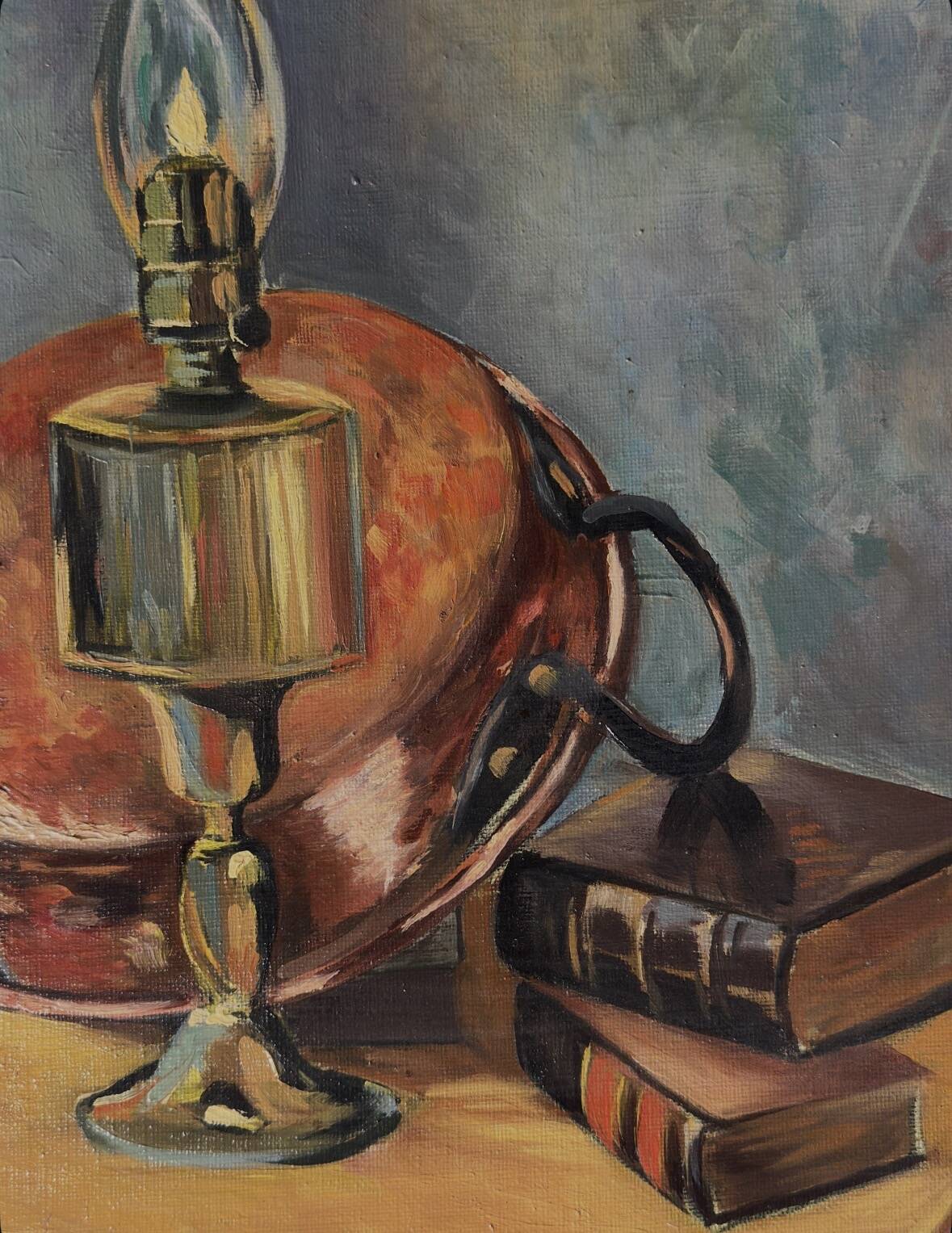 Framed oil on canvas – Still life with lamp, Yvonne Sellier