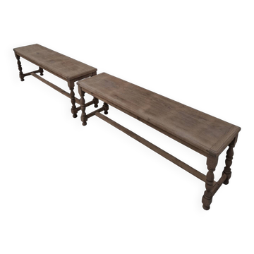 Pair of rustic antique farm benches fully sandblasted.