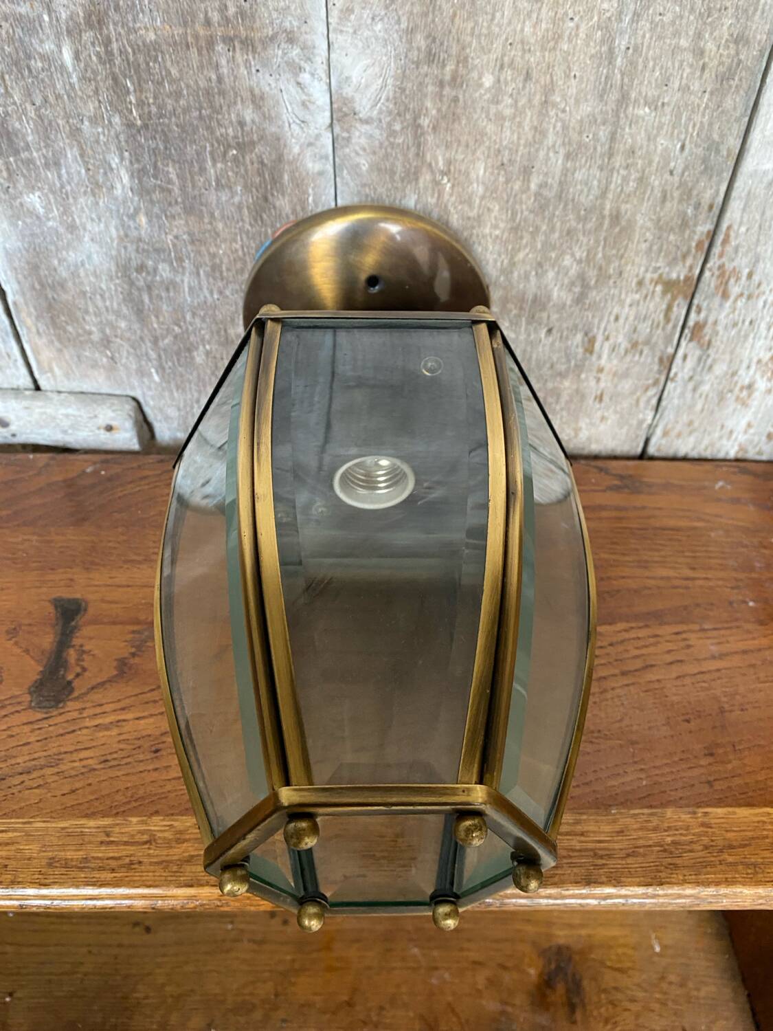 Antique brass lantern ceiling light + 6 faceted beveled glass vintage