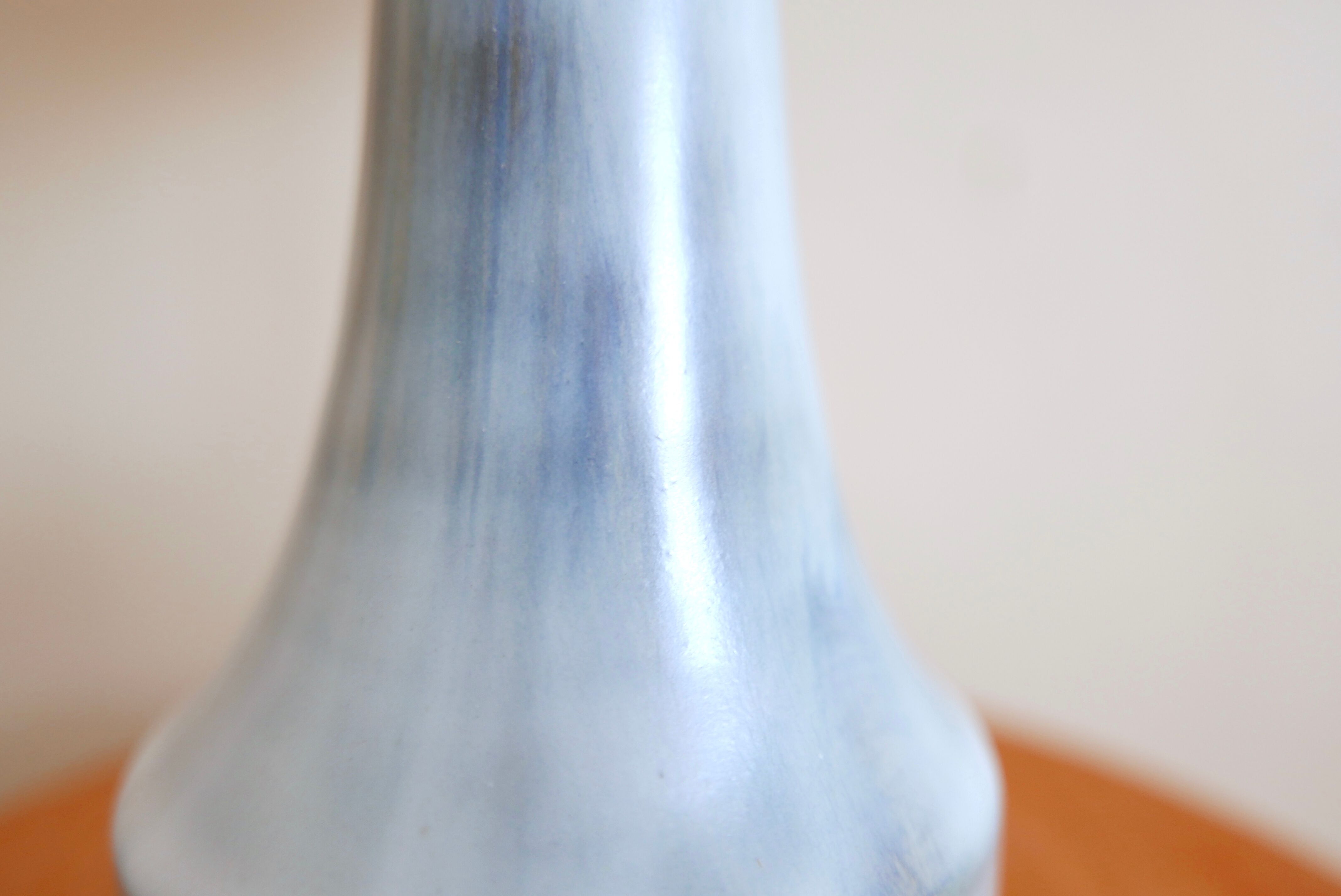Signed pale blue ceramic lamp, raffia lampshade, 60s