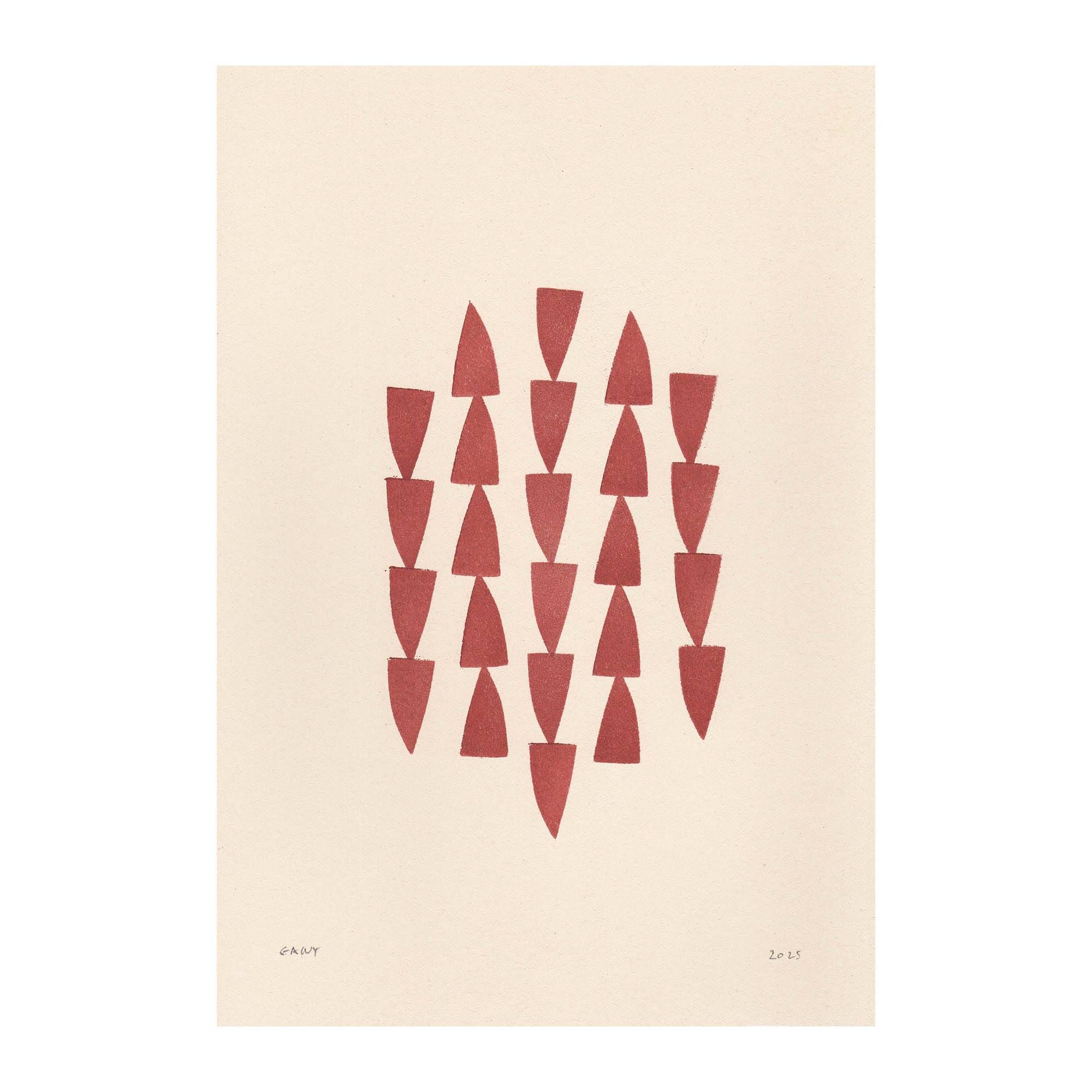 Abstract painting on paper, dark red illustration signed Eawy.