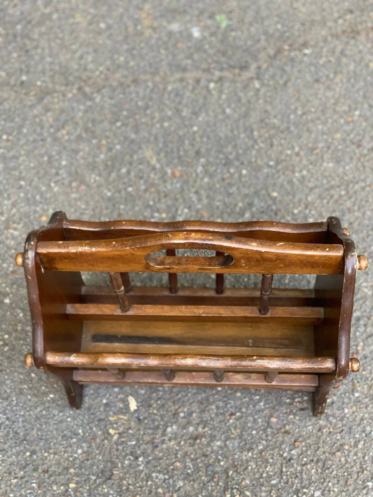 Vintage magazine rack, solid wood document holder with handle
