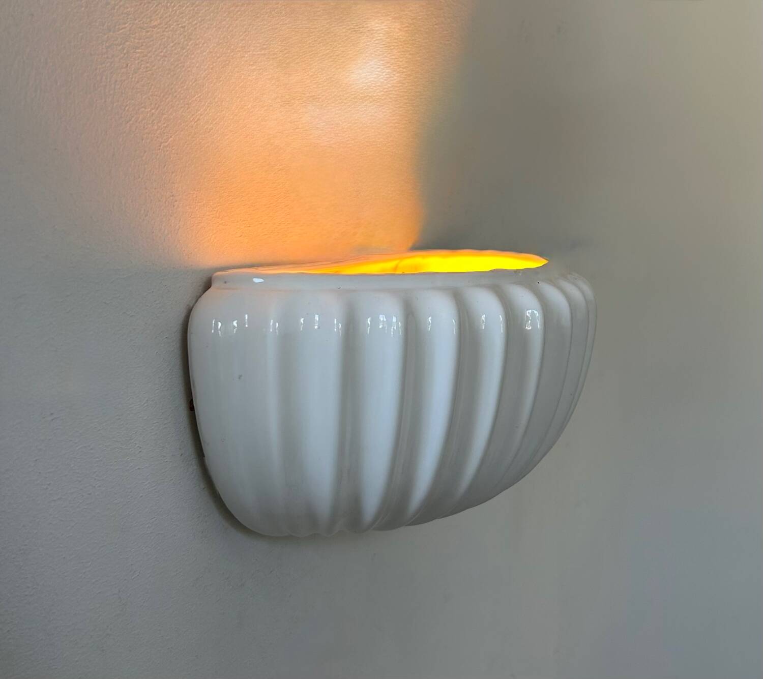 Vintage white earthenware wall lamp, shell, France 1970