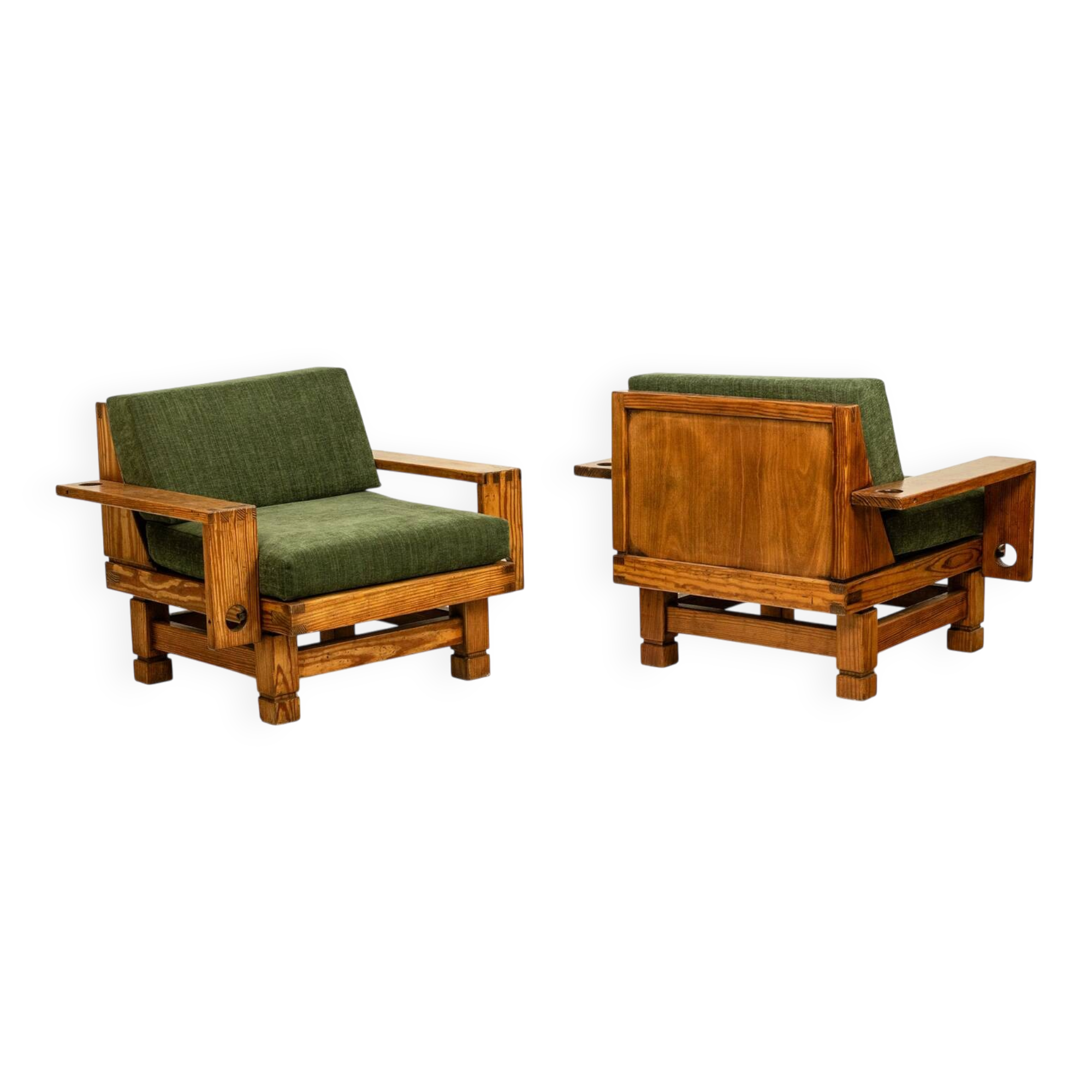 Pair of modernist style armchairs in pitch pine. 1960s.
