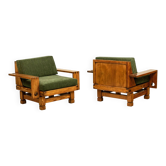 Pair of modernist style armchairs in pitch pine. 1960s.