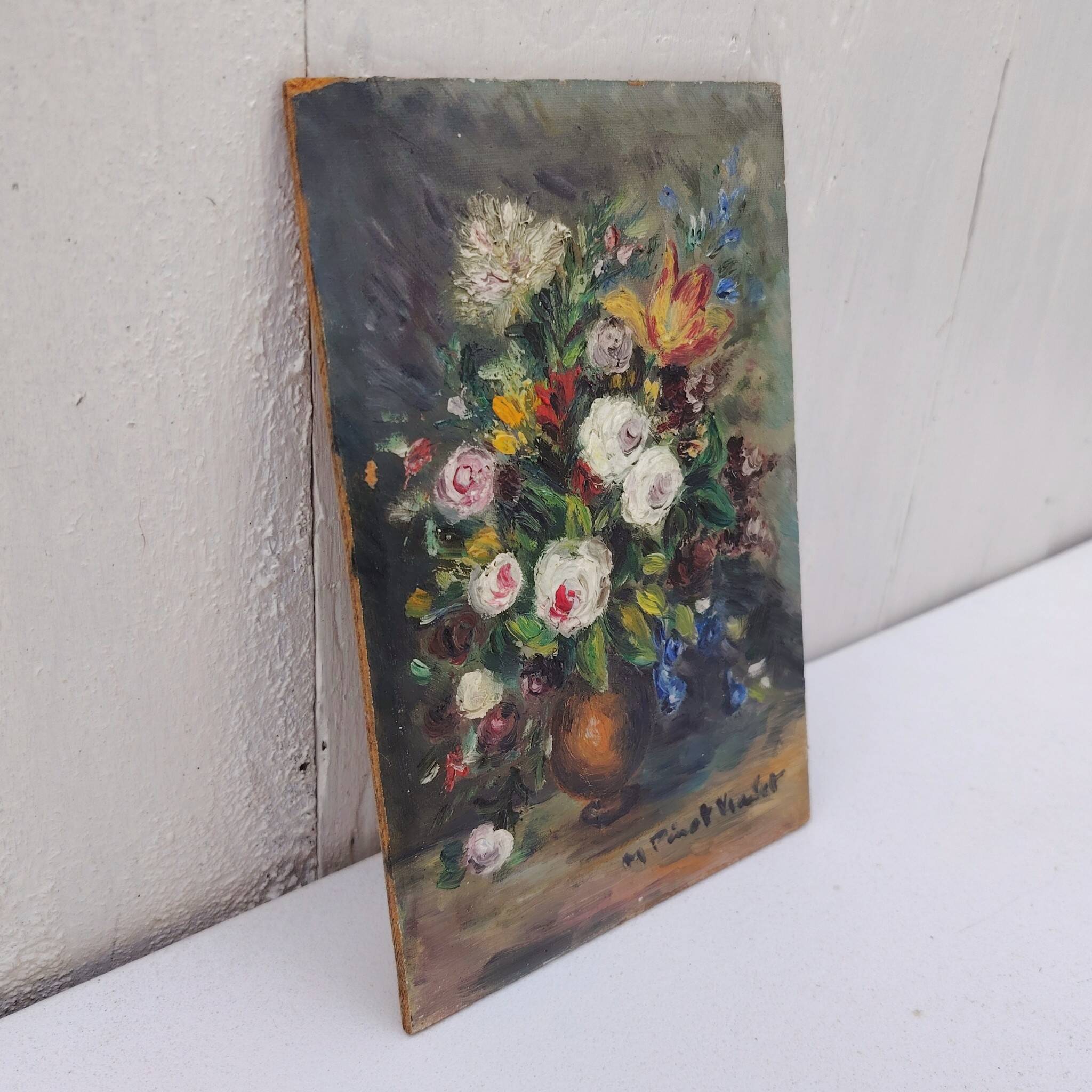 Huile sur panneau, bouquet de fleurs, Pinot Vialet