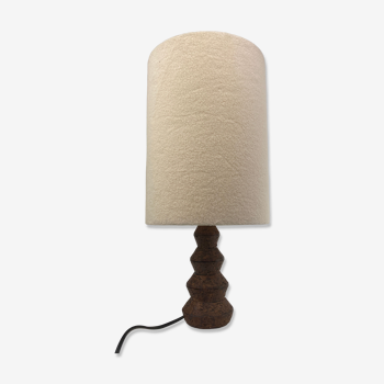 Brutalist ceramic "cork" tabl lamp, Teddy fabric shade. Dutch 1960s