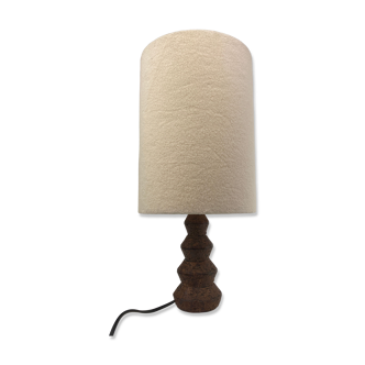 Brutalist ceramic "cork" tabl lamp, Teddy fabric shade. Dutch 1960s