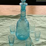 Carafe and 5 old blue glass liqueur glasses