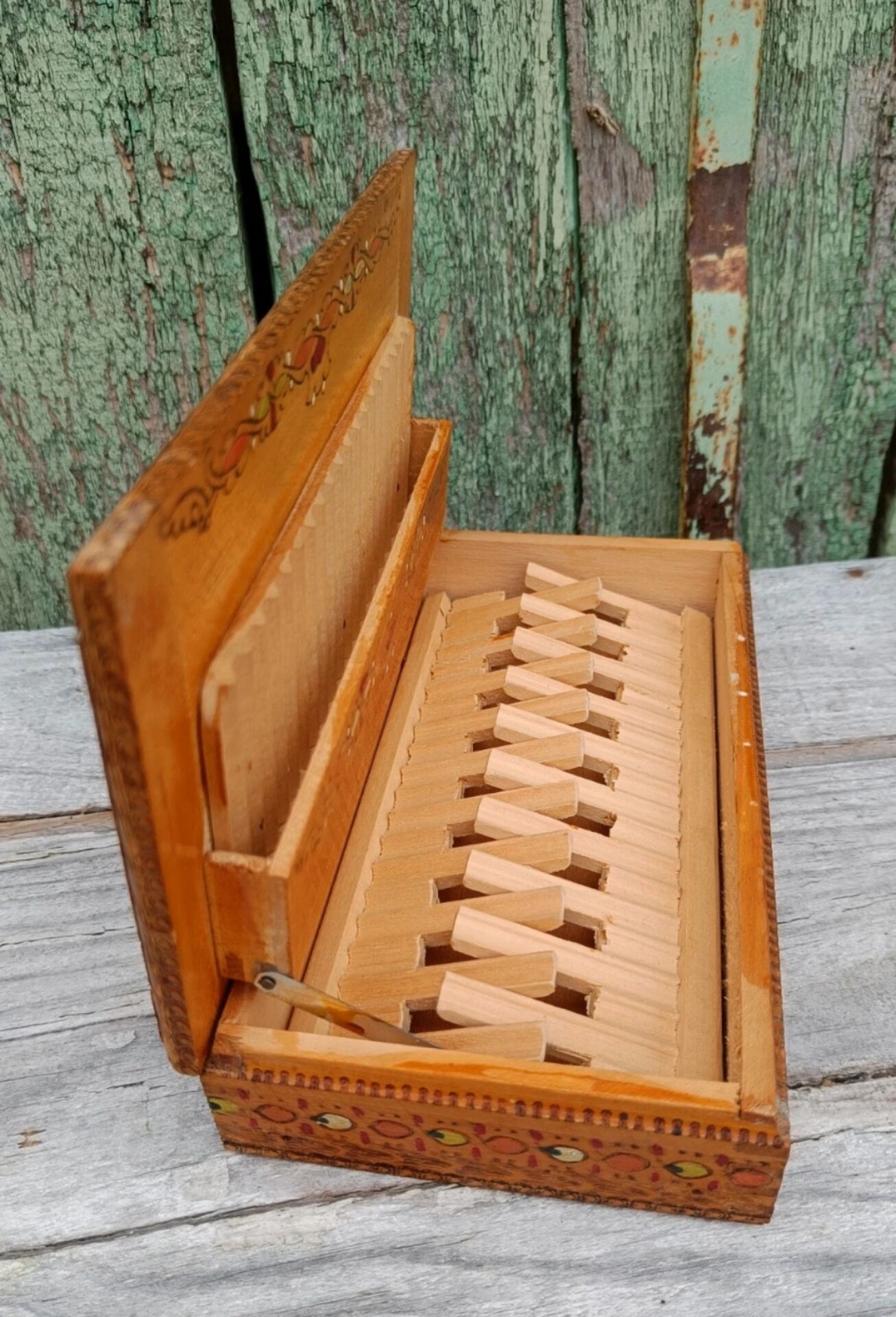 Bulgarian wooden cigarette box, pyrographed and hand-painted.