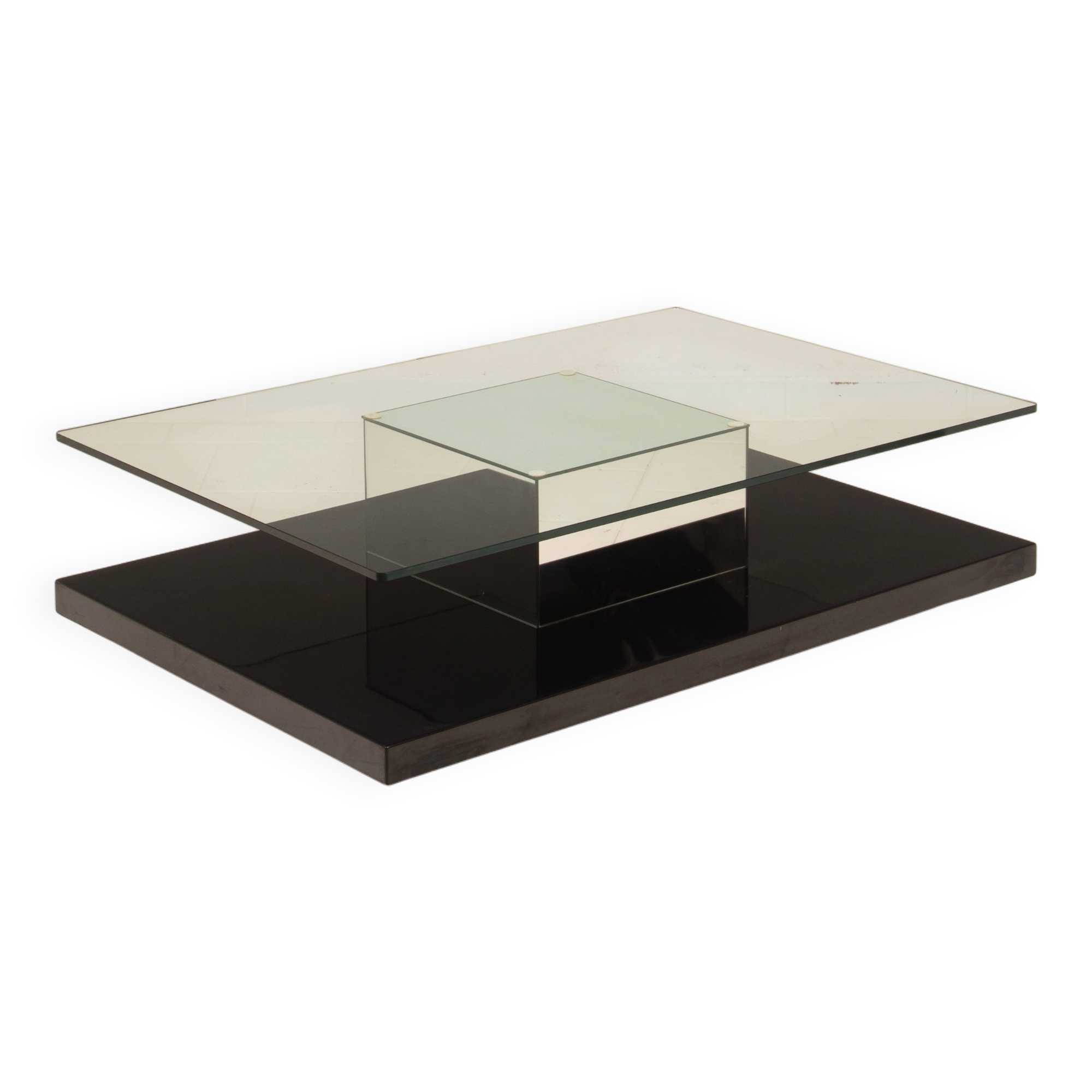 Cidue Mid Century Italian Black Lacquer, Mirror and Glass Coffee Table 1970