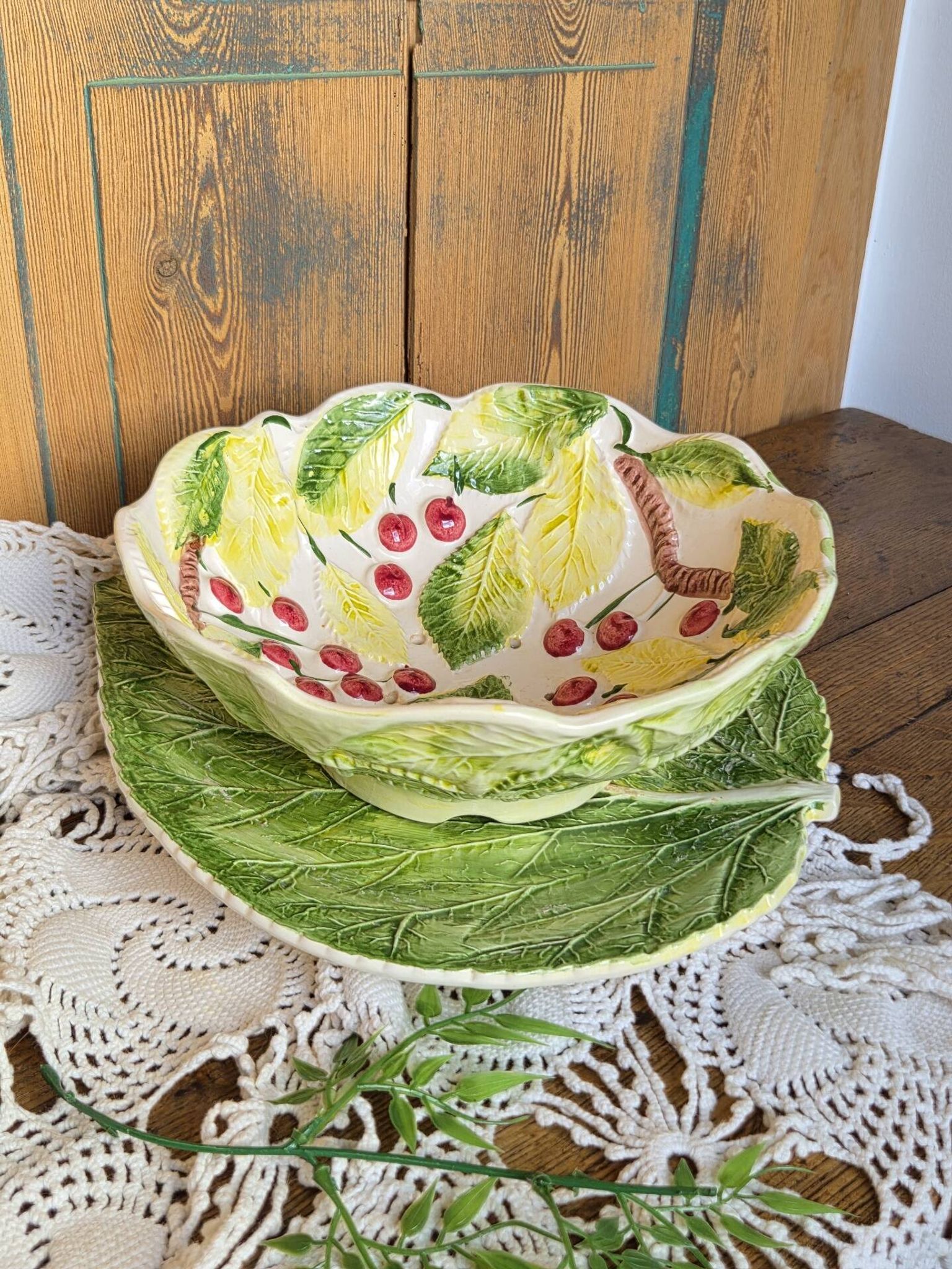 Vintage fruit colander bowl in barbotine signed GV
