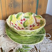 Vintage fruit colander bowl in barbotine signed GV