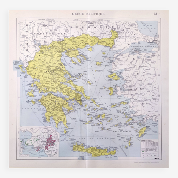 Carte ancienne Grèce Crète 43x43cm de 1950